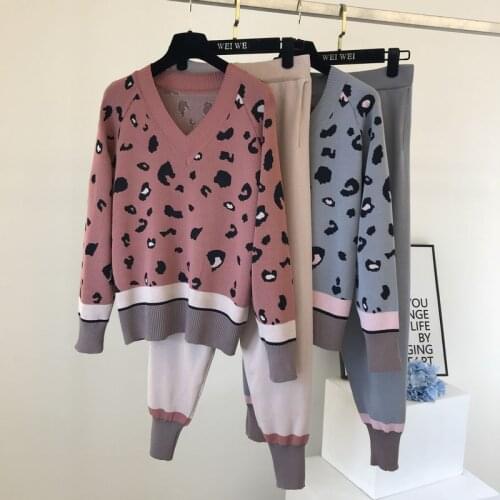 2 pcs Knitting Sets Women Loose Sweater Suits Long Sleeve V-neck Leopard Knitted Tops Outerwear Pencil Pant Female Tracksuit