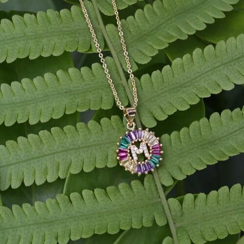 Gold 26 initial alphabet letter ABC name charm pave rainbow colors cz dainty choker pendant necklace women jewelry
