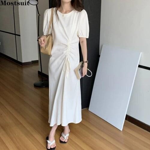 Vintage Elegant Summer Dress Women 2021 Short Sleeve O-neck Draw String Pleated Dresses Korean Vestido Mujer