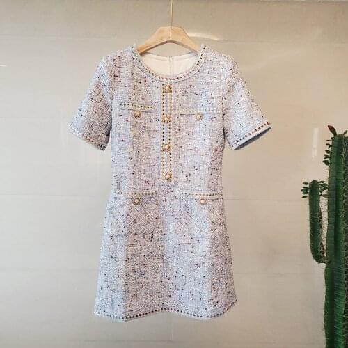 New Arrival Runway Luxury Tweed Ladies Beading Wool Blend Vintage Woolen Slim Elegant Womens Office Dress Vestidos