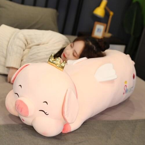 80CM Cute Angel Lying Pig Plush Toys Stuffed Soft Animal Smile Crown Pig Pillow Cushion for Girls Birthday Sleeping Dolls Gift