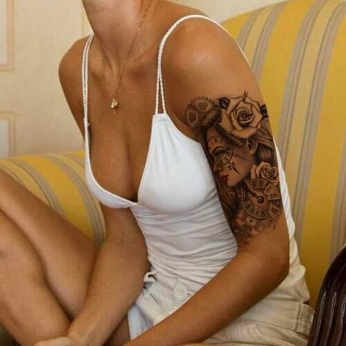 Clock Compass Tattoo Sticker Fake Black Rose Flower Gears Waterproof Temporary Tattoo for Women Men Red Lips Totem Tatoo Sticker