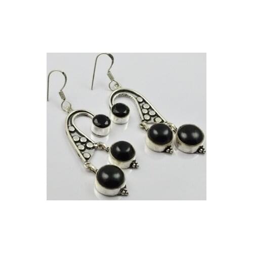 Black Onyx, Silver Overlay on Copper Earrings, , 68mm , E1981