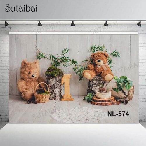 Wood Board Teddy Bear Leaf Tree Stump Photo Background 1st Birthday Backdrop Photography Baby Shower Photo Studio Custom Props