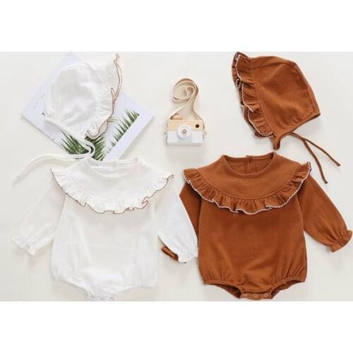 New Fashion Baby Girl Clothes 2 Piece Cotton Solid Ruffles Collar Long Sleeve Baby Bodysuit+hat Fall Autumn Baby Romper 3-24M