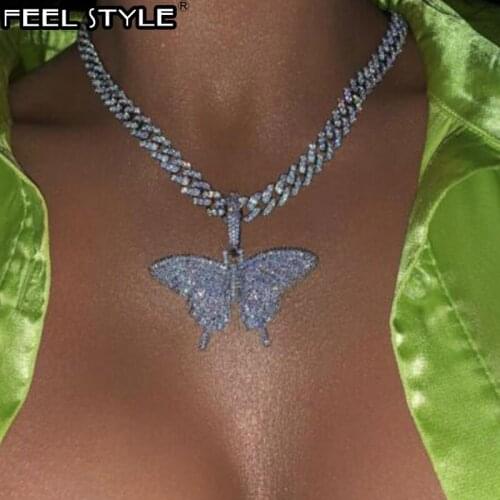 Hip Hop Bling Animal Butterfly Iced Out Bling Cubic Zircon Solid Back Necklace & Pendant For Men Jewelry Charm Tennis Chain