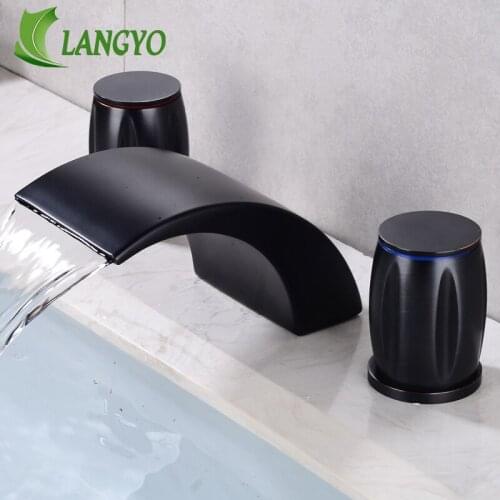 LANGYO Black Golden Waterfall Basin Faucet Dual Handle Widespread Bathroom Sink Mixer Tap Deck Mounted Bathtub Mixers Crane
