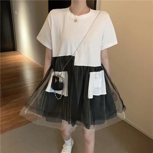 Fashion Mesh Irregular Patchwork O-neck Short Sleeve Casual Mini Womens Dress 2021 Summer Preppy Style loose T-shirt Dresses