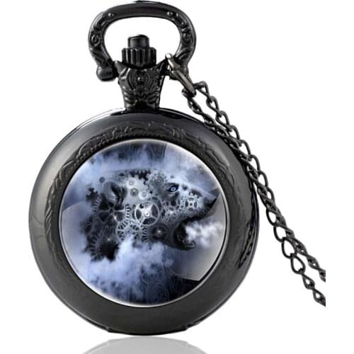 Steampunk Gear Wolf Vintage Glass Cabochon Quartz Pocket Watch Men Women Pendant Necklace Chain Hours Clock Gifts