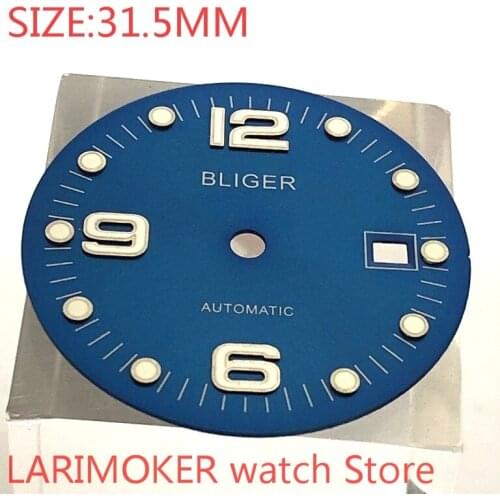 Bliger sterile 31.5mm square dial date kit ETA 2824/2836 Miyota 8215/8205/821A movement mens watch night plate part blue