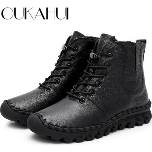 OUKAHUI 2021 Autumn Solid Color Genuine Leather Ankle Boots For Women Low Heel Lace-Up Round Toe Non-Slip Ladies Winter Boots