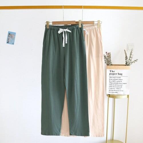 Spring/Summer Cotton Pajamas Womens Elastic Waist Drawstring Tie Simple Solid Color Knitted Trousers Ins Wind Ladies Home Pants