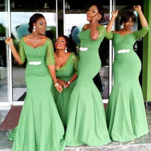 Green Crystal Half Sleeves Mermaid Bridesmaid Gowns Peach/Ivory/Champagne/Silver/Coral/Burgundy Satin Mermaid Bridesmaid Dresses