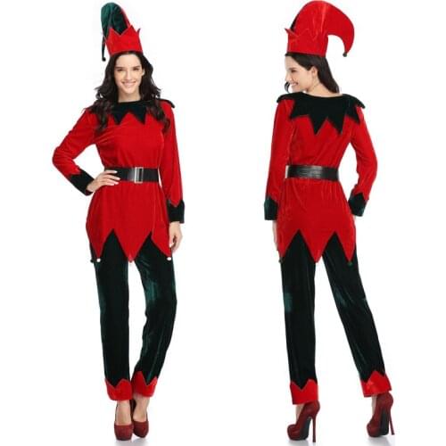 Christmas Velvet Suit Bright Red Top Dark Green Trousers With Christmas Hat Performance Costume