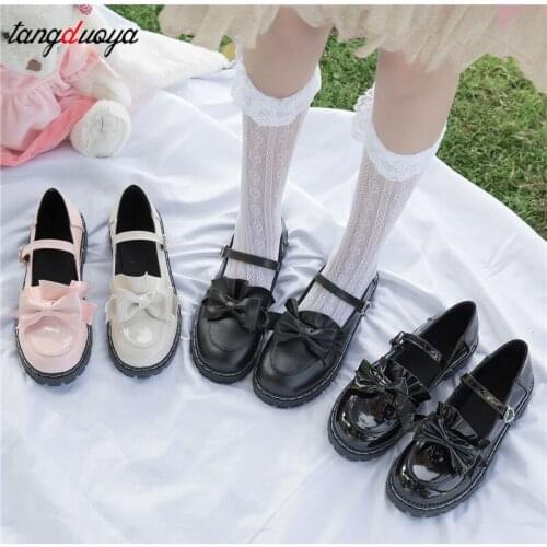Sweet Bow Buckle Strap Mary Jane Shoes Woman Solid Color Patchwork Lace Low Heel Pumps Women Pink Lolita Shoes