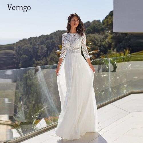 Verngo 2021 New Vintage Boho Beach Wedding Dress Lace And Chiffon A Line 2/3 Long Sleeves Floor Length Bridal Gowns Zipper Back