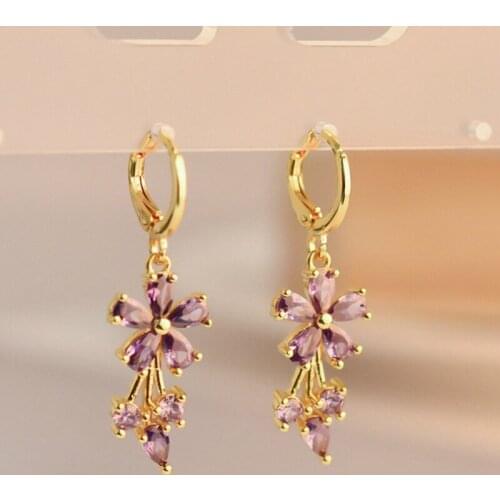 High Quality Purple White Crystal Flower Long Tassel Earrings Copper Cubic Zirconia Dangle Drop Earrings Women Jewelry