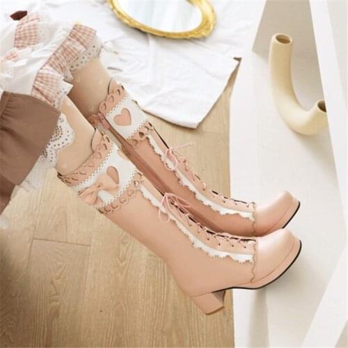 PXELENA Japanese JK Ruffles Heart Shaped Cosplay Knee High Boots Women Lolita Winter Shoes Block Med Heels Pink Plus Size 34-43