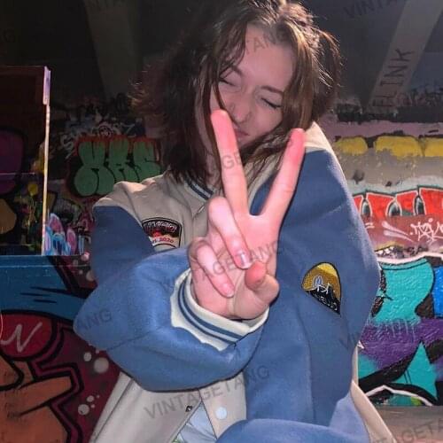 B-TOTO American Retro Blue Woolen Baseball Uniform Jacket Female Tide Ins Loose Bf Wind Jacket 2021 New Fashion