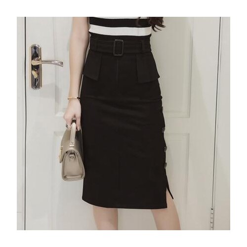 Women New Fashion Skirt Ruffles Waist Belted Pencil Mid Skirt High Quality High Waist Buttons Plus Size Skirt Free Shipping