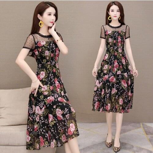 Women 2021 New Fashion Contrast Round Neck Short Sleeve Slim Embroidery Flower A-line Dress Elegant Vestidos De Mujer X66