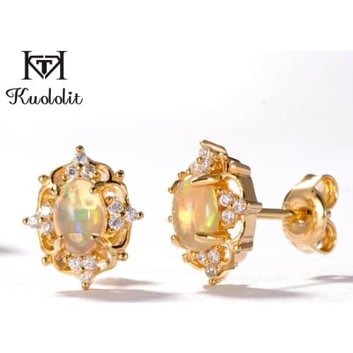 Kuololit Natural Opal Gemstone Stud Earrings For Women 925 Sterling Silver Yellow Color Fire Stone Earrings Wedding Fine jewerly