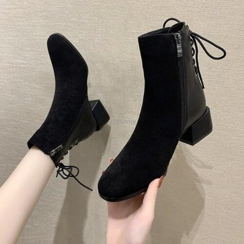 Womens 2021 Autumn Short Tube Suede Womens Boots Comfortable Thick Bottom Round Head Zipper Lace-up New Female Ankle Boots