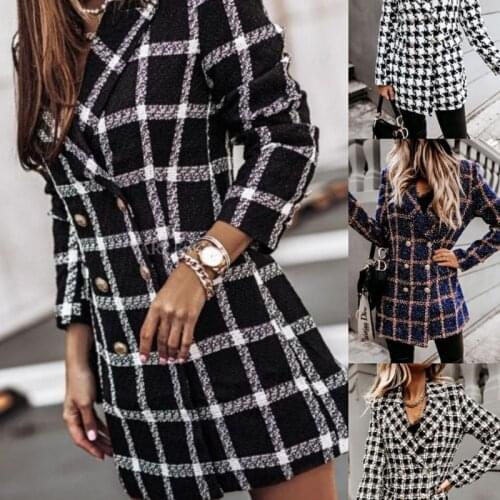 2021 Winter New Women Long Sleeve Double Breasted Slim Blazers Casual Fashion Vintage Plaid Suit Outwear Overcoat