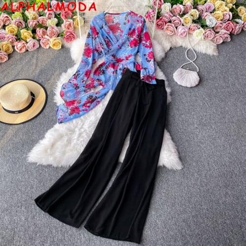 ALPHALMODA 2021 Spring Fashion Suit Retro Cross Strapping Top + High Waist Slim Wide Leg Pants Women 2pcs Casual Set Printed Set