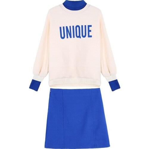 PERHAPS U Women Blue Rose Red Letter Pullover Zipper Mini Skirt Pencil 2 Two Pieces Set Elegant Winter Faux Lambswool T0073