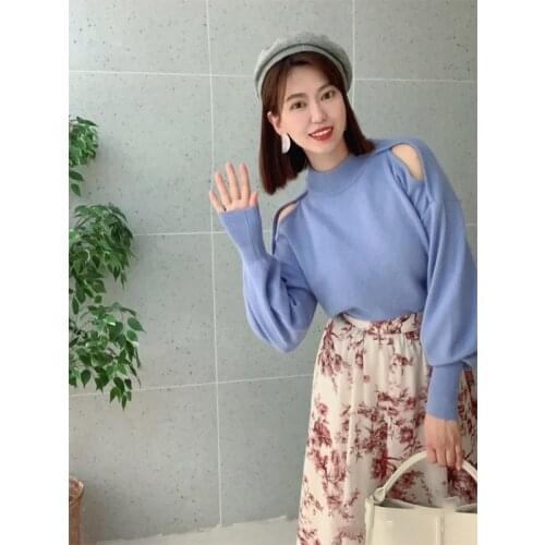 Japanese 2021 autumn and winter new sweet and solid color strapless lantern sleeve sweater top women