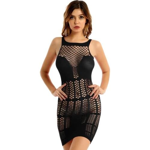 Womens Stretchy Fishnet Dress Hollow Out See-through Mesh Sleeveless Lingerie Dress Babydoll Sleepwear Womale Fashion Clubwear