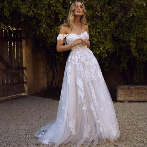 Booma Lace Wedding Dresses 2021 Off the Shoulder Appliques A Line Bride Dress Princess Wedding Gown Free Shipping robe de mariee