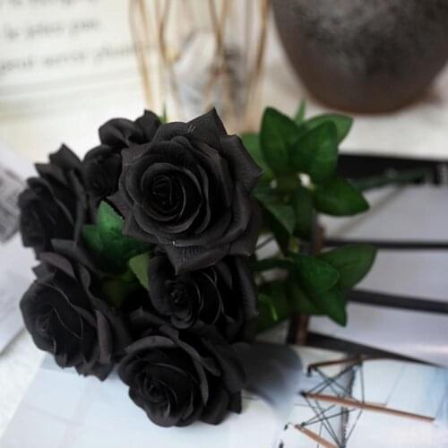 1Pc Ornamental Artificial Rose Realistic Faux Silk Flower Reusable Fake Black Floral Decor for Indoor Artificial Flower Fake Hot