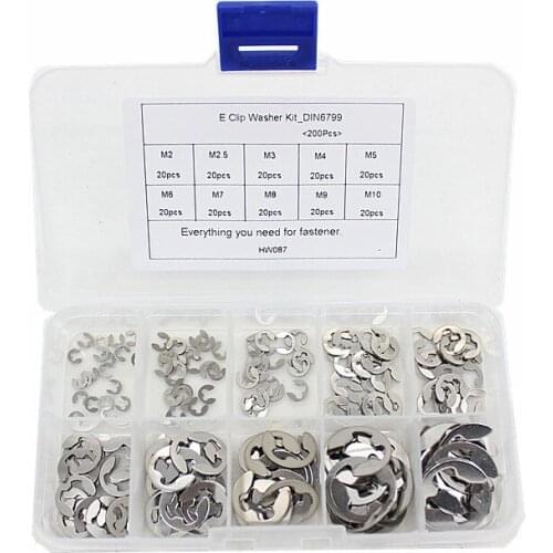 200Pcs/set 304 Stainless Steel E Clip Washer Assortment Kit 2 3 4 5 6 7 8 9 10mm Circlip Retaining Ring for Shaft Fastener