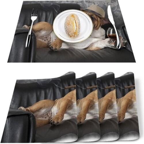 4/6pcs Set Table Mats Smoking Bulldog Printed Cotton Linen Table Napkin Kitchen Accessories Home Party Decorative Placemats
