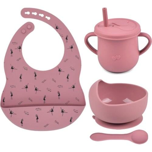 4PCS Cartoon Printing Silicone Baby Bowl Bibs And Training Cup High Quality Silicone BPA-Free Soft Waterproof Portable Tableware