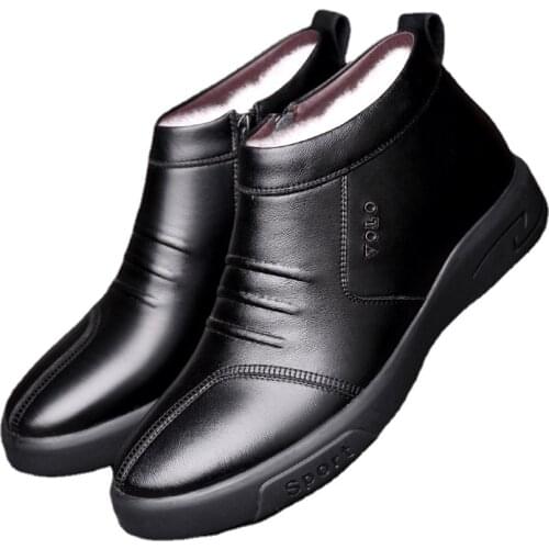 A67 Winter New Mens Cotton Shoes with Plush Wool and Fur Thermal Shoes Leather Upper Upper Cotton Boots Inner Zipper Men Boots