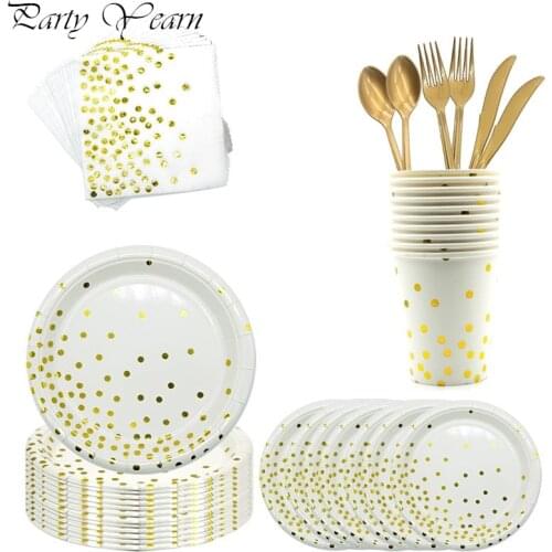 White Gold Dot Paper Cup Plate Napkins For Happy Birthday Wedding Disposable Tableware Party Decoration Supplies