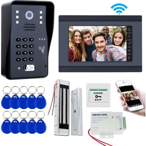7'' Wifi Video doorbell System Wireless Video door Intercom phone Kits RFID Keyfob, Password IR Camera, Mobile phone APP Unlock