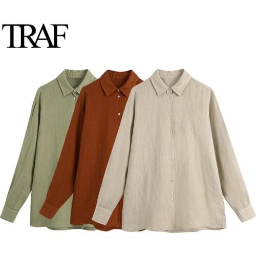 Traf Za Women Clothing 2021 Spring Autumn Long Sleeve Blouses Chic Ladies Loose Linen Shirts French Fashion Button Up Tops