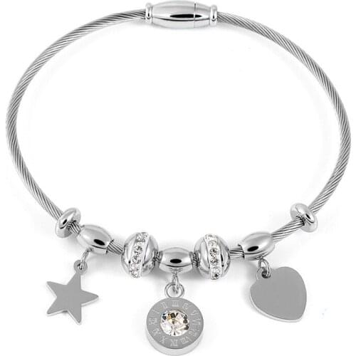 2mm Fashion Stainless Steel Star Roman numerals Love Heart Pendant Bangle Bracelets For Women CZ Charm Beads Wristband Bangles