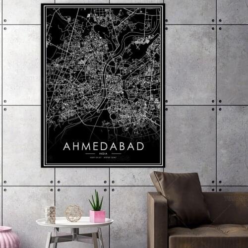 Black and white AHMEDABAD map Wall Decor Art Prints and Posters Abstract Canvas Painting Pictures Room home Decoration STJK6