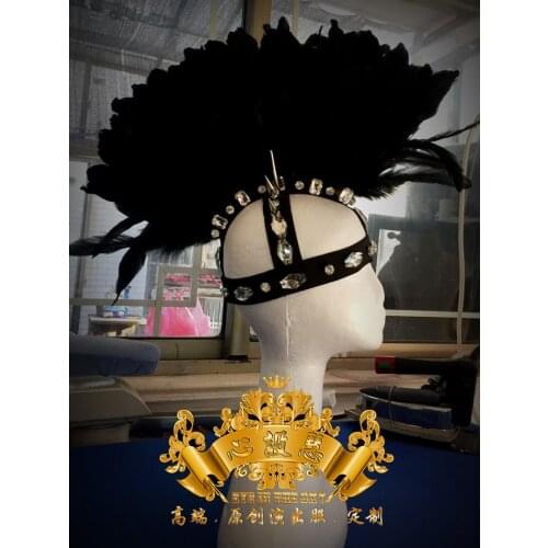DS dance team guest headdgear DJ hat Nightclub rivet black feather headdress feather hat