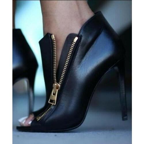 Hot Selling Black Leather Zipper Ankle Boots Peep Toe Cut-out Thin Heels Lady Dress Shoes Hollow Women Banquet Pumps Customized
