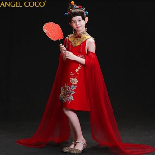 Red Kids Dresses For Girls Chinese Tulle Dress Wedding Flower Girl Ceremony Party Birthday Dress Children Clothing Carnaval