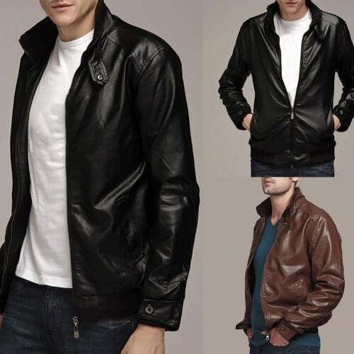 Men Faux Leather Jacket Outwear Solid Color Stand Collar Motorcycle Jacket Men Zipper Coat Motorcycle Jacket chaquetas hombre