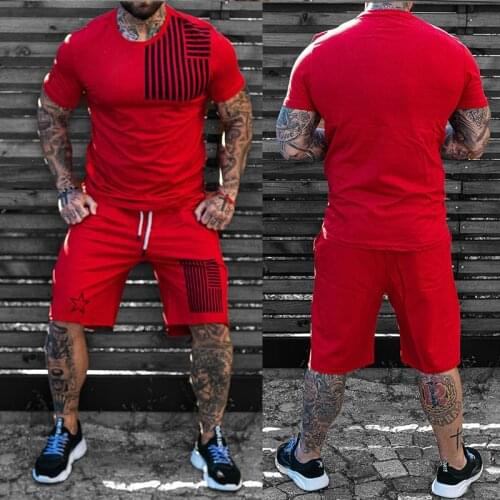Summer Casual Sports Men Muscle fitness exercise T-shirt suit Mens Short-sleeved Suit Two Pieces Tracksuit Set Sportswear Male