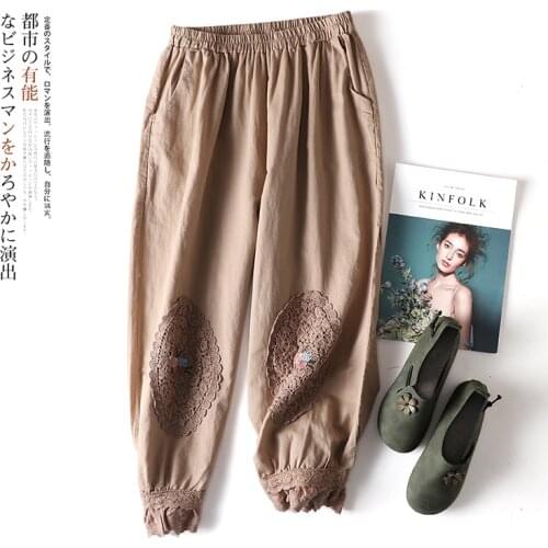 Japan Style Mori Girl Linen Embroidery Lace Bloomers Women Loose Casual Solid Color Cropped trousers