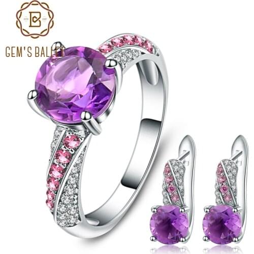 GEMS BALLET Round Natural Amethyst Dark Purple Fine Jewelry Sets Pure 925 Sterling Silver Earrings Ring Set For Women Wedding